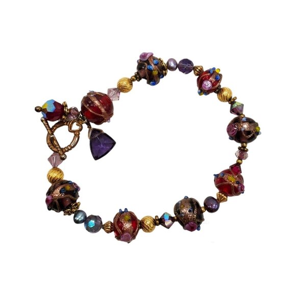 Artisan Wedding Cake Glass Bead Bracelet 22k GF Hand Blown Toggle Clasp Red - Picture 8 of 16